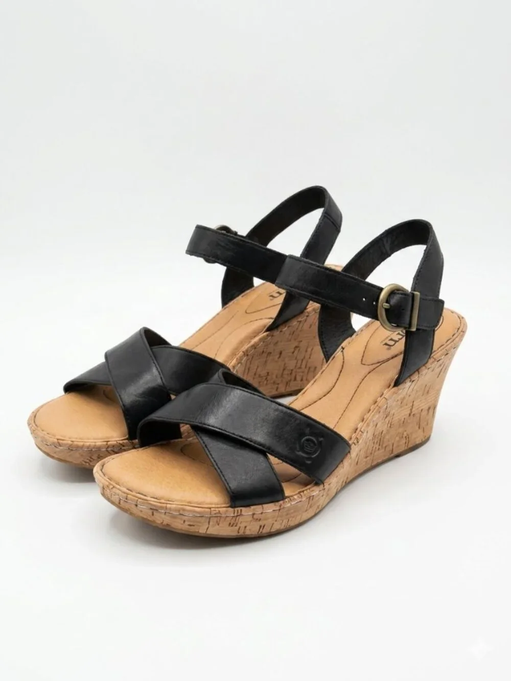 NWT Born Leather Wedge Sandals Cork-Style Platform Cross Strap Black 10 Boho